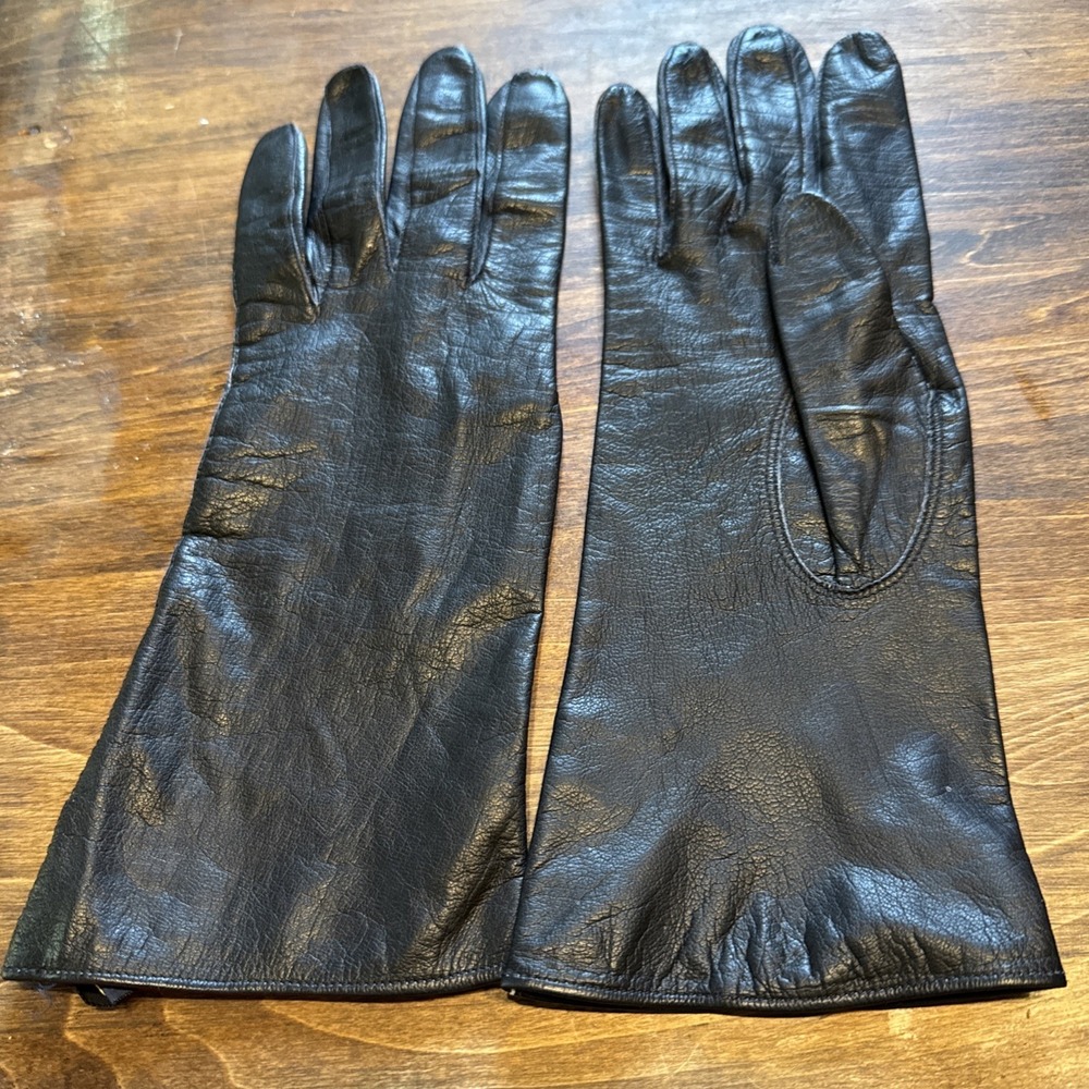 Vintage French Kid Leather Long Gloves Black Made in France Size 8